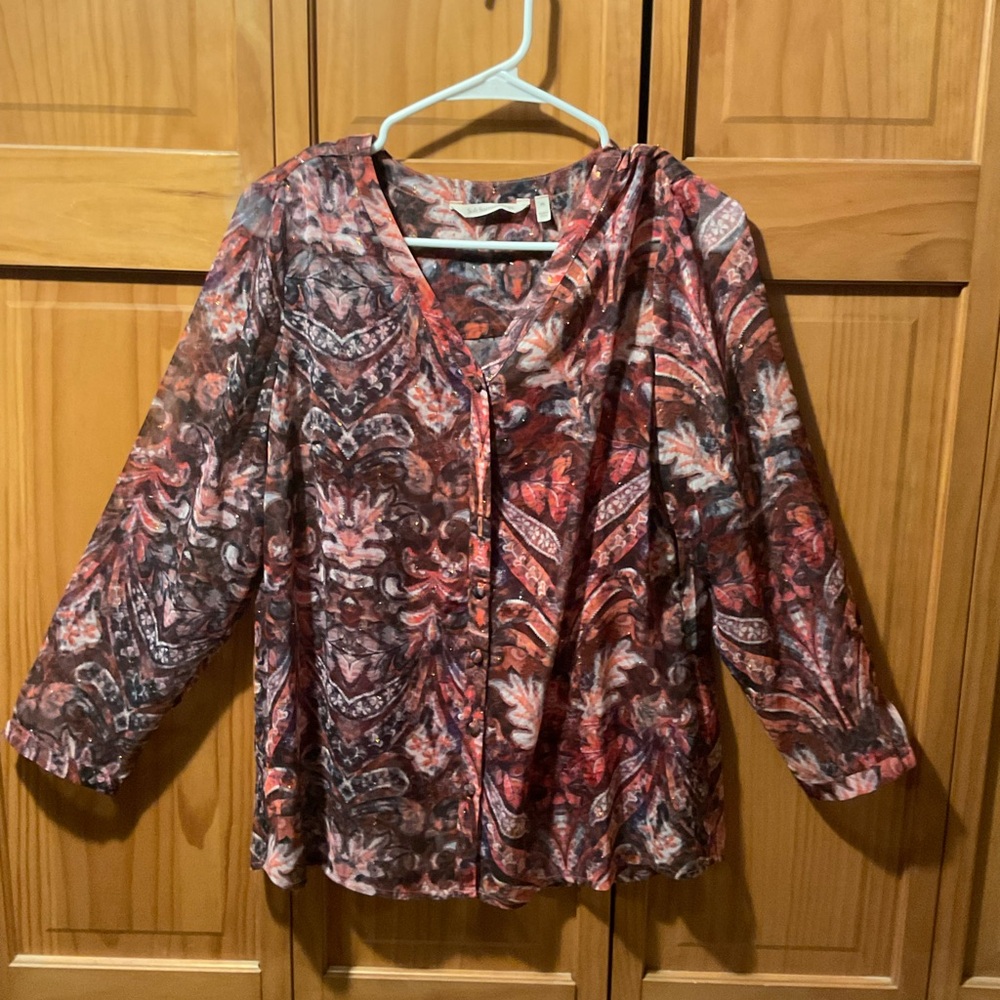 Soft Surroundings Red and Brown Patterned Blouse